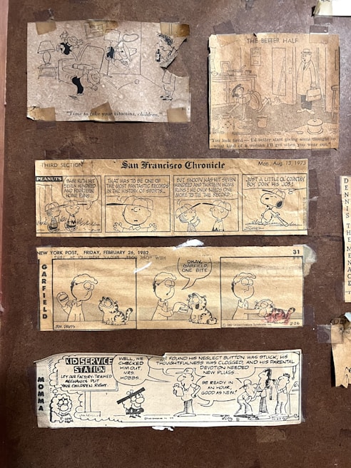 A collection of vintage comic strips from newspapers, including 'Peanuts,' 'Garfield,' and others featuring humorous dialogue and illustrations. The comics are taped onto a brown background, presenting various scenarios involving children, pets, and family life.