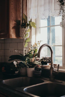 A spacious kitchen sink with a gooseneck faucet surrounded by fresh herbs on the windowsill.