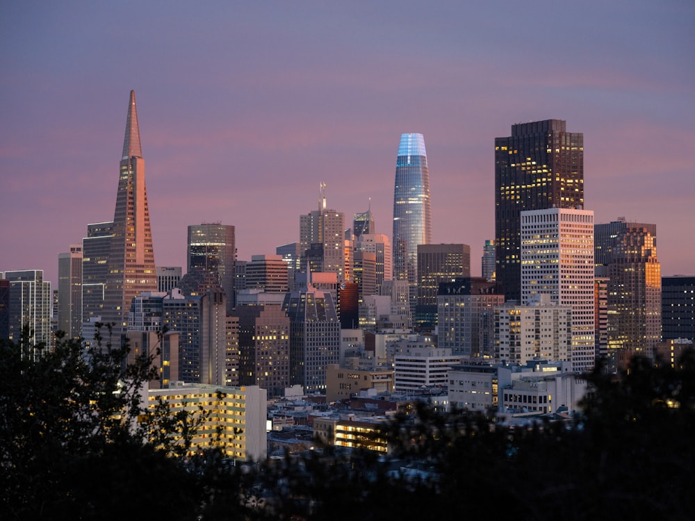 a view of a city skyline at dusk