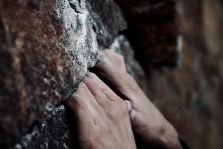 Close-up of a pair of rugged climbing gloves gripping a rocky surface.