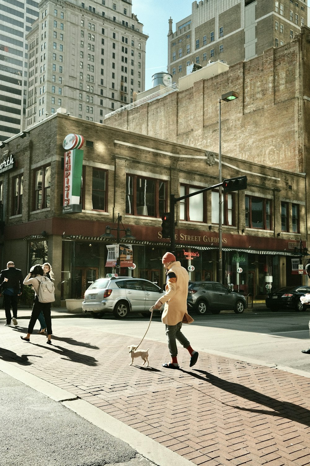 도시 거리에서 개를 산책시키는 남자