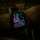 A digital smartwatch displays the time 12:50 with futuristic neon-colored numbers on a black background. Various health and activity metrics are visible below the time, including date, heart rate, and steps taken, indicated by glowing icons and numbers.