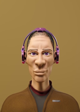 A digitally rendered character with exaggerated facial features, large eyes, and purple headphones. The character wears a brown textured jacket with a logo and has a calm expression. The background is a solid mustard color.