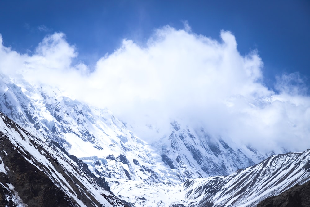 a snow covered mountain with clouds in the sky