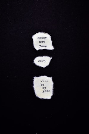 Three pieces of torn paper with a black background display the text 'happy new year', '2023', and 'will be my year' in a typewriter font.