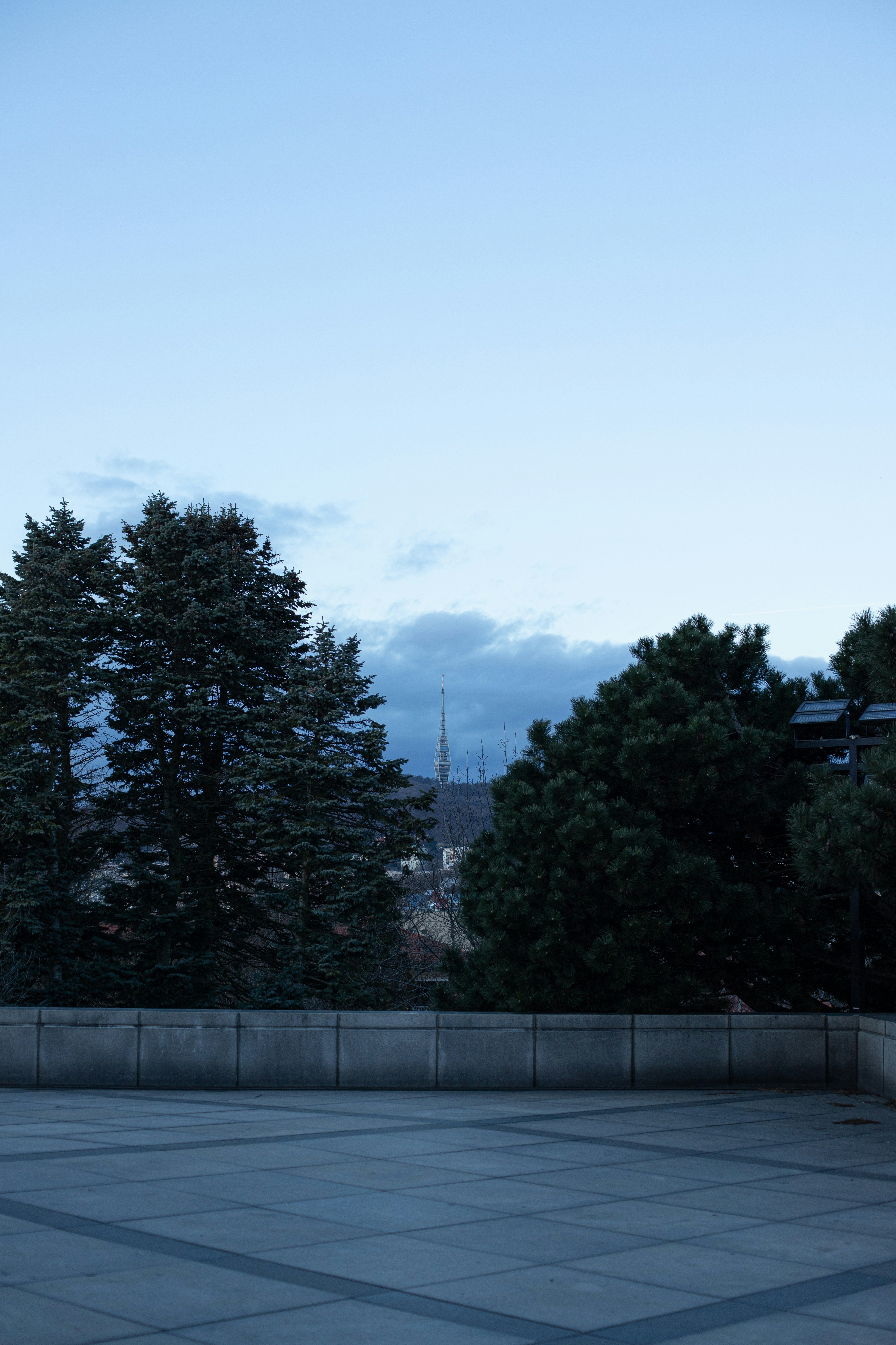 an empty parking lot with trees in the background