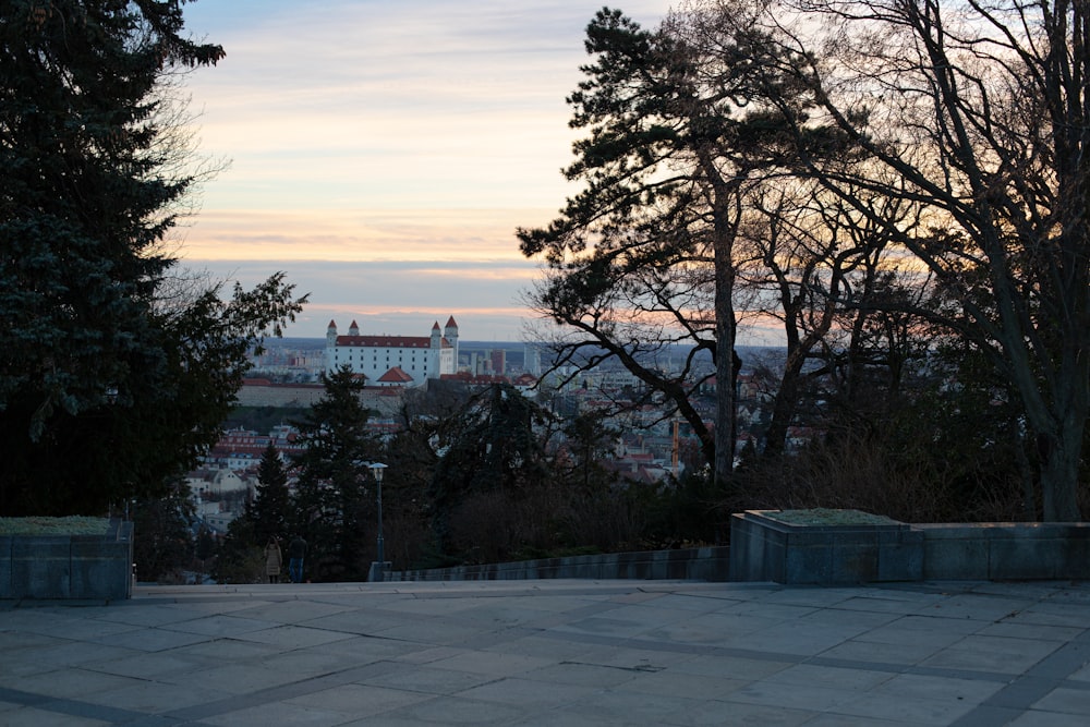 a bench sitting on top of a stone walkway next to trees