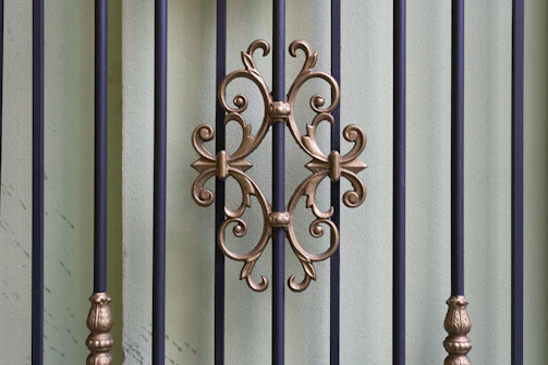 Close-up of a sturdy metal gate with intricate wrought iron details under natural light.