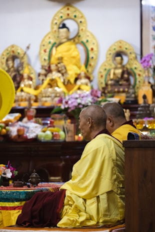Monks in meditation, embodying calmness and spirituality.