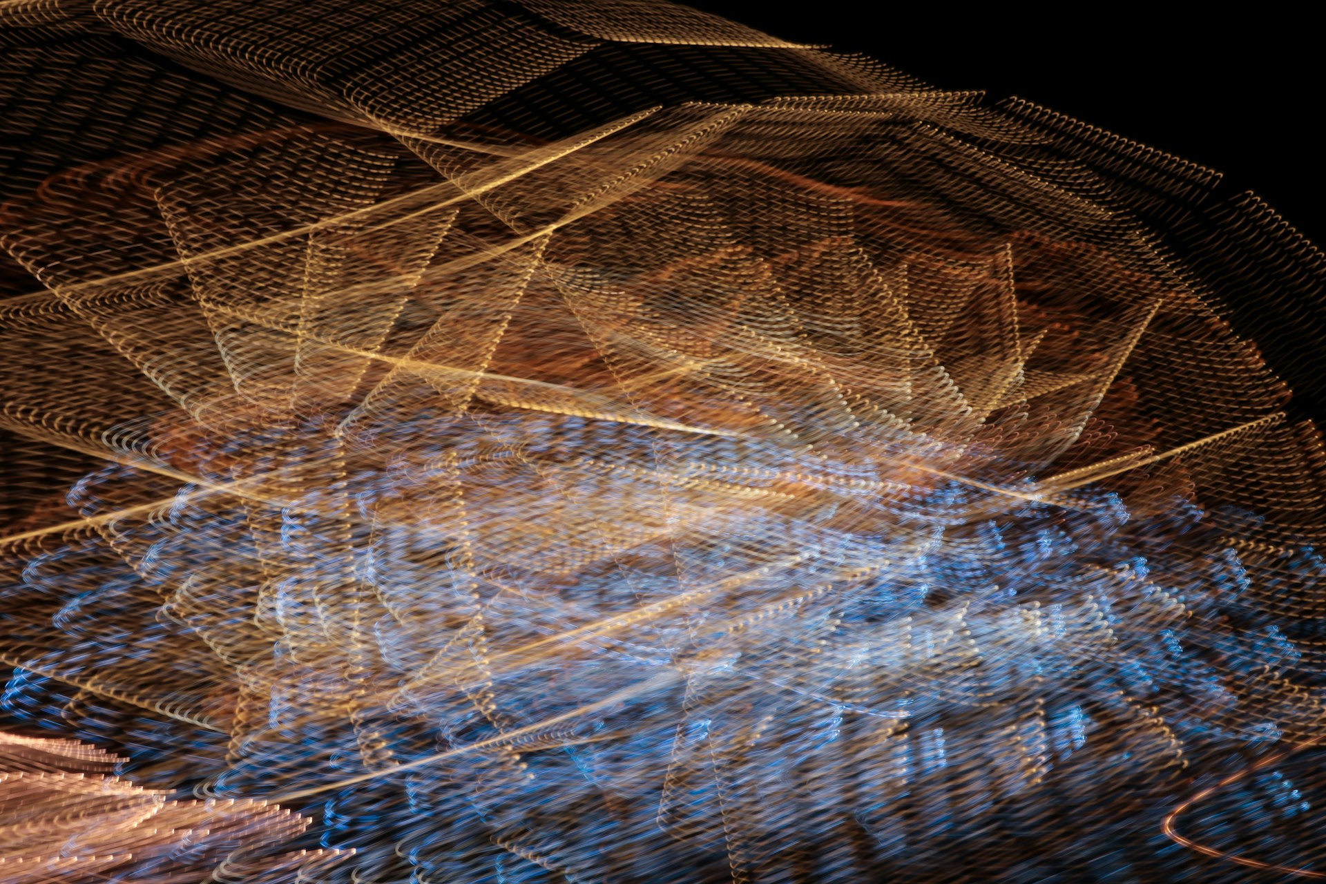 Abstract waves of warm amber and cool blue light intertwining over a minimalist landscape, evoking calm and movement.