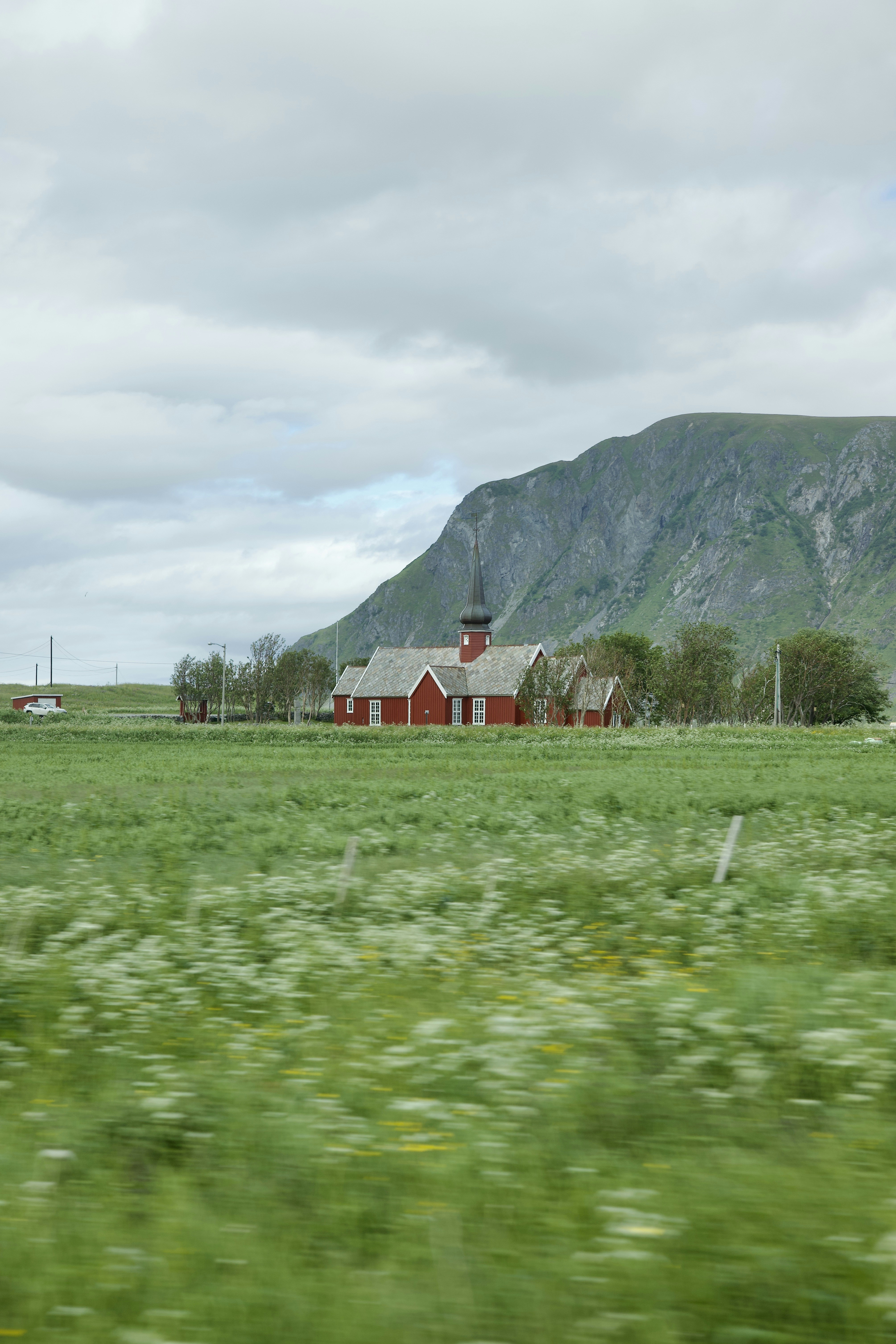 Ein grünes Feld mit einem roten Haus im Hintergrund