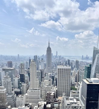 A panoramic view of a bustling commercial district with office buildings and retail spaces.