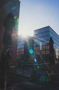 A contemporary office building with solar panels on the roof glowing in warm sunlight.