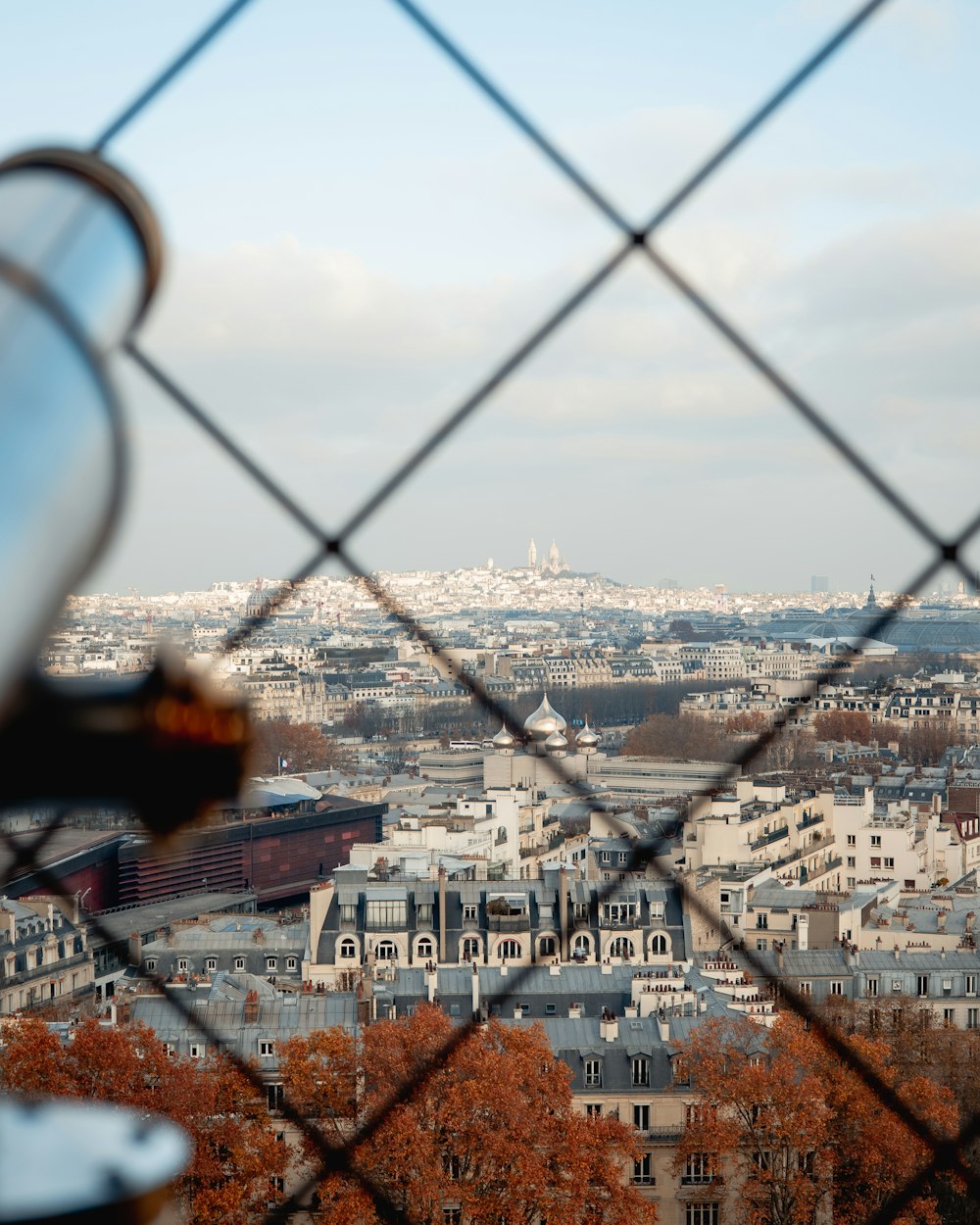 a view of a city through a chain link fence