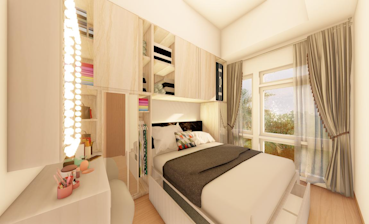 A cozy bedroom with neatly arranged furniture and clean linens.