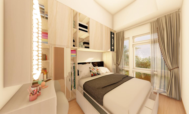 A cozy bedroom with elegant built-in wardrobes.