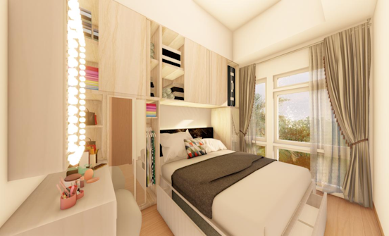 A cozy bedroom features a neatly made bed with a grey blanket and patterned pillows. Above the bed, there are wooden storage cabinets with various items, including folded clothes and decorative pieces. The room is adorned with soft, flowing curtains and has a dressing table with makeup items neatly arranged beside a large mirror surrounded by warm lights.