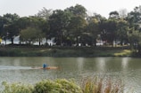 Close-up of a kayaker paddling through calm river waters surrounded by lush greenery.