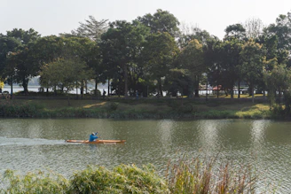 A kayaker paddling through tranquil waters framed by tall grasses and wildflowers in Polesie.