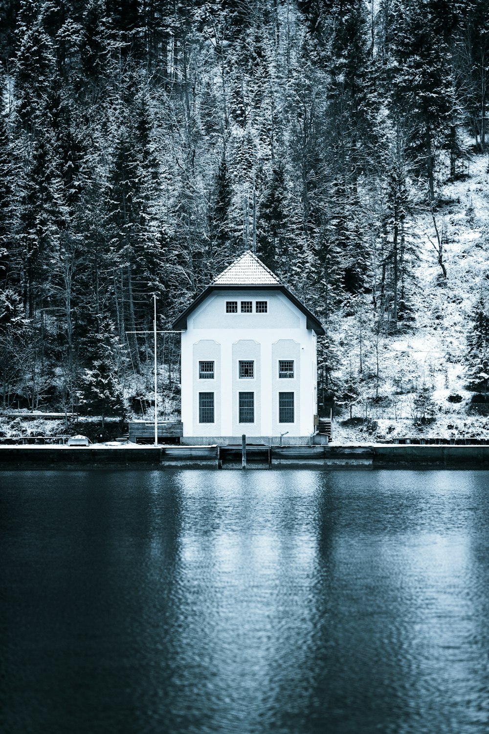 a white house sitting on top of a lake next to a forest