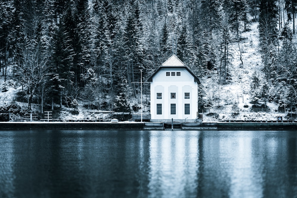 a white house sitting on top of a lake next to a forest