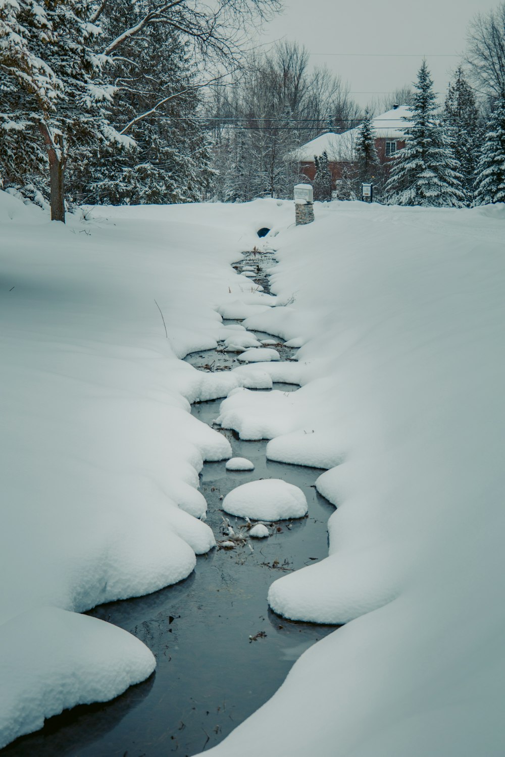 a stream of water running through a snow covered field