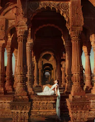 A high-end fashion shoot in a historic Rajasthani palace courtyard.