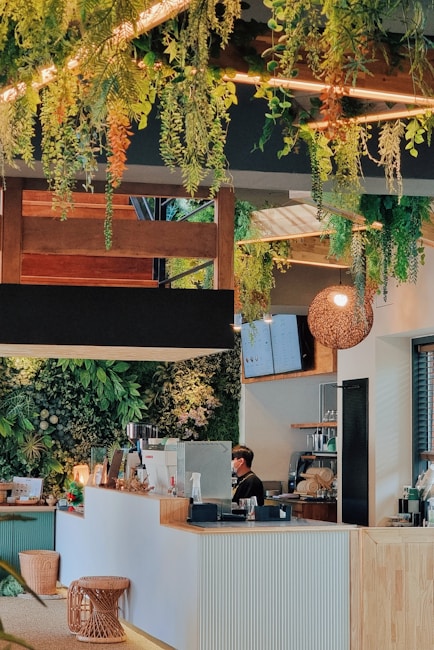 A modern cafe interior with lush green plants hanging from the ceiling, a sleek white and wooden counter, and a staff member working at the coffee station. The walls are adorned with greenery, adding a natural and fresh atmosphere. Several wicker stools and a glowing lamp create a cozy ambiance.