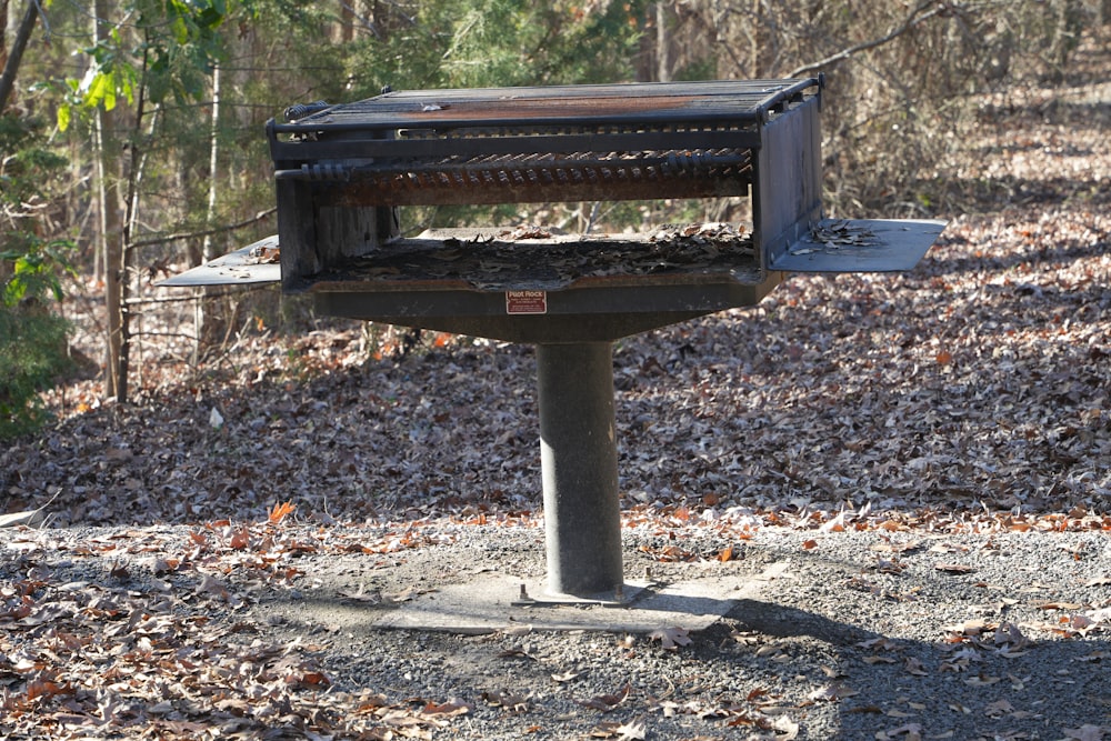 a metal box sitting on top of a pile of leaves