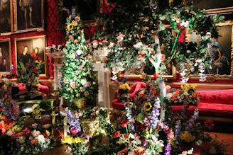 Grand hotel lobby adorned with lush, hyper-realistic artificial flower arrangements highlighting florévo's craftsmanship.