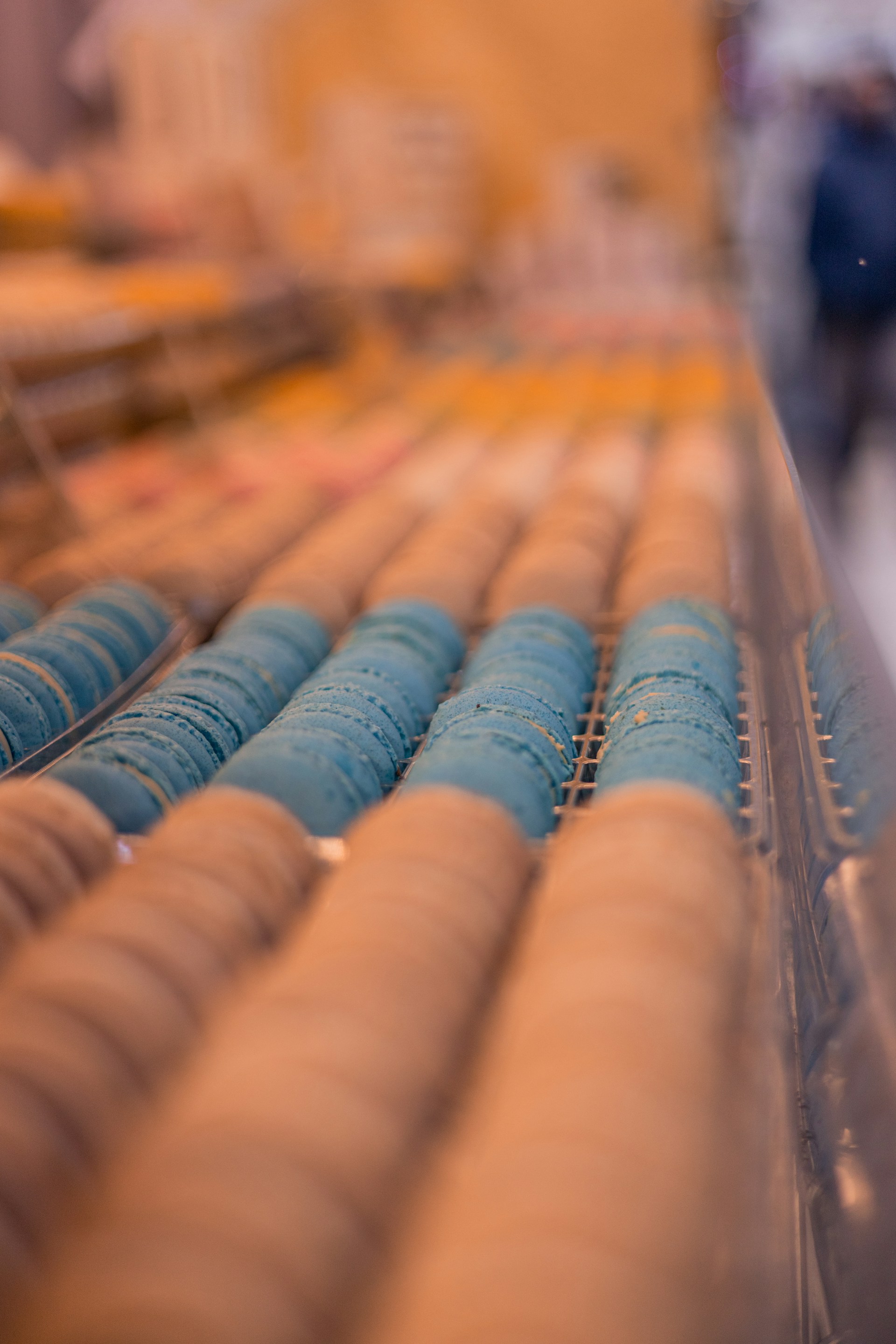 a row of blue and yellow objects on a shelf