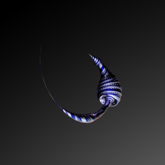 A twisted, spiral-shaped object with blue and white striped patterns, set against a dark gradient background. The object appears smooth and glossy, with a sleek, artistic design.