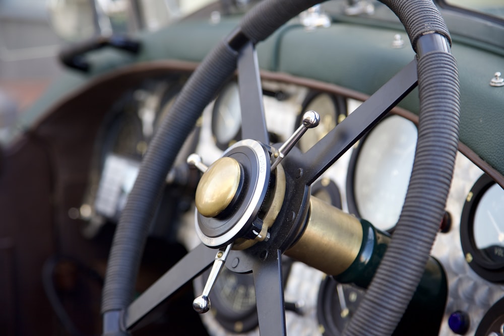 a close up of a steering wheel on a vehicle