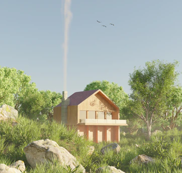 A cozy prefabricated home set in a peaceful natural environment with greenery around.