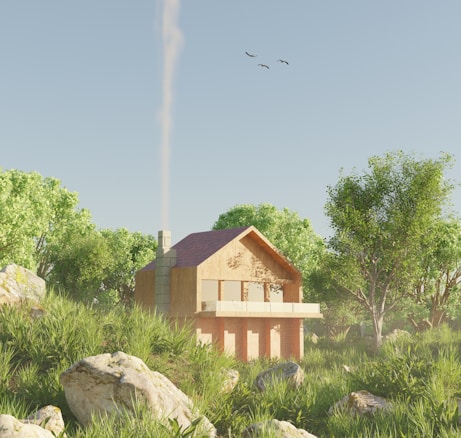 A small wooden house with a sloped roof nestled in a lush green forest. Smoke gently rises from the chimney, indicating a cozy interior. Surrounding the house, various trees and bushes create a serene natural environment, while a few birds fly in the sky above.