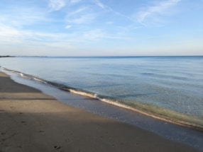 A serene beach view with gentle waves and a clear sky.