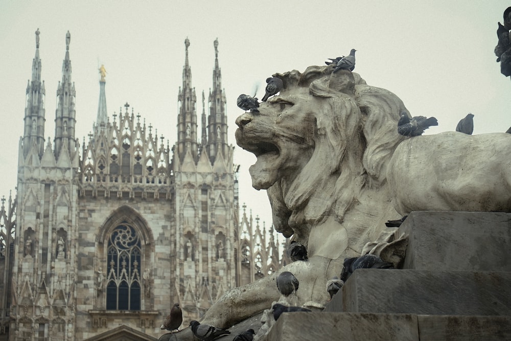 a statue of a lion with birds sitting on it