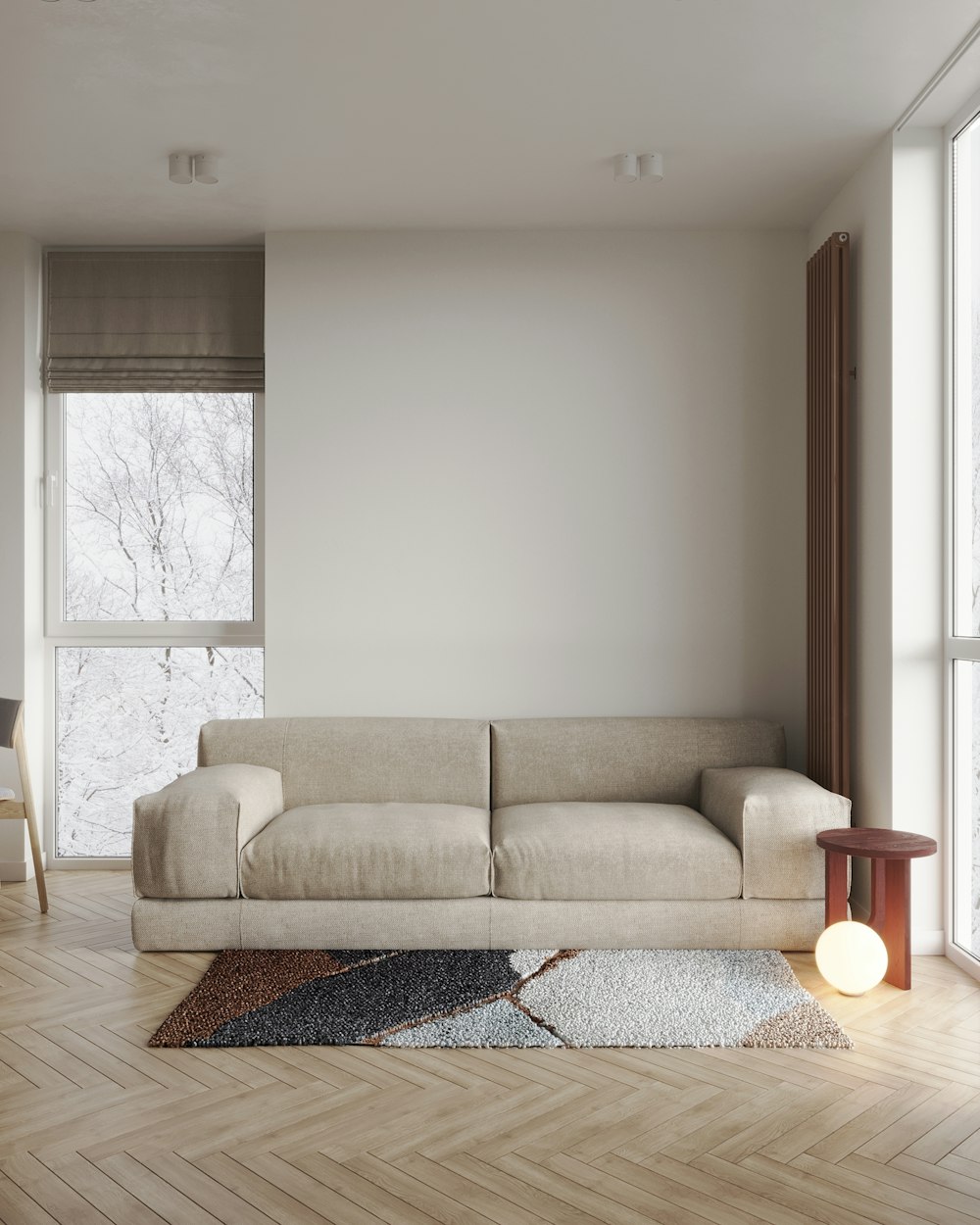 a living room with a couch and a table