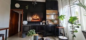 A cozy living room with a modern aesthetic features a digital fireplace displayed on a screen mounted on a dark wall. Surrounding it are dark wooden cabinets with glass doors showcasing dishes and glassware. There's a variety of green plants placed around the room, against a backdrop of white curtains covering large windows. The room is decorated with minimalistic style, including elements like a wall clock and a small fan.