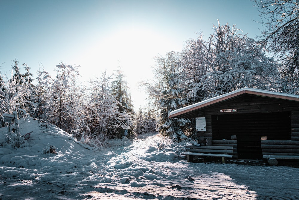 a small cabin in the middle of a snowy forest