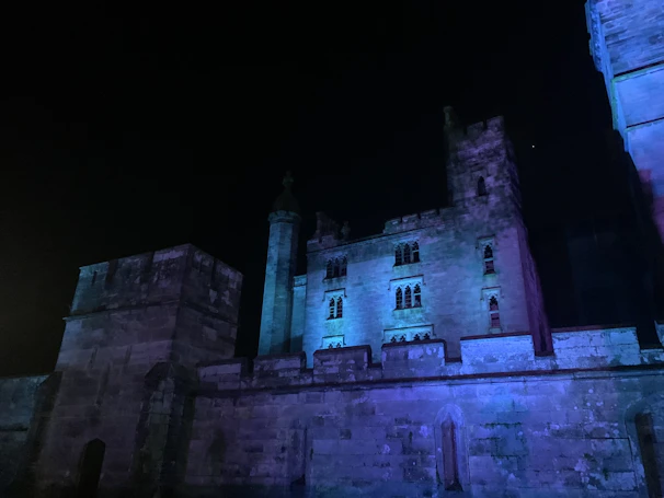 Evening view of a historic castle illuminated against the desert sky.