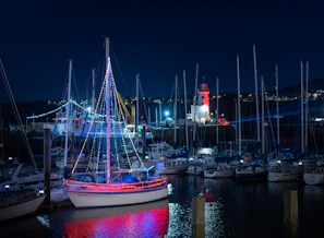 Nautical accessories displayed alongside LED lighting equipment on a marina dock