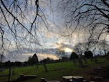 A wide view of a serene graveyard at dusk with silhouetted headstones against a colorful sky.