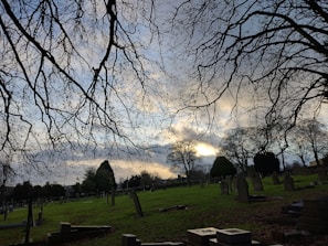 A wide view of a serene graveyard at dusk with silhouetted headstones against a colorful sky.