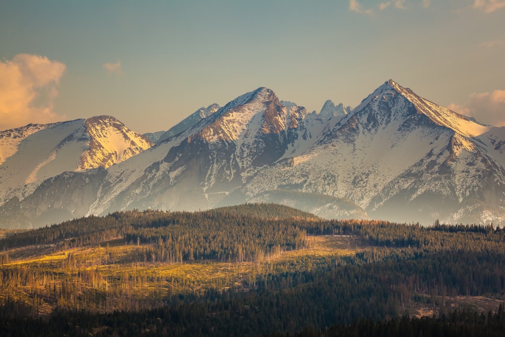 a mountain range with snow covered mountains in the background