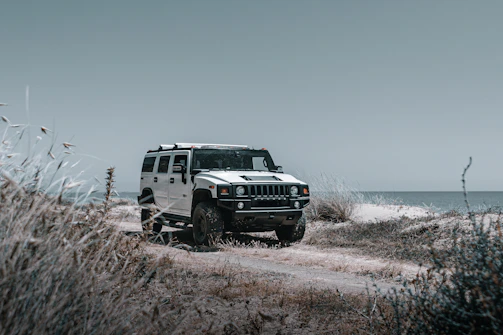 A sleek SUV parked near a serene lake during a peaceful outstation trip.