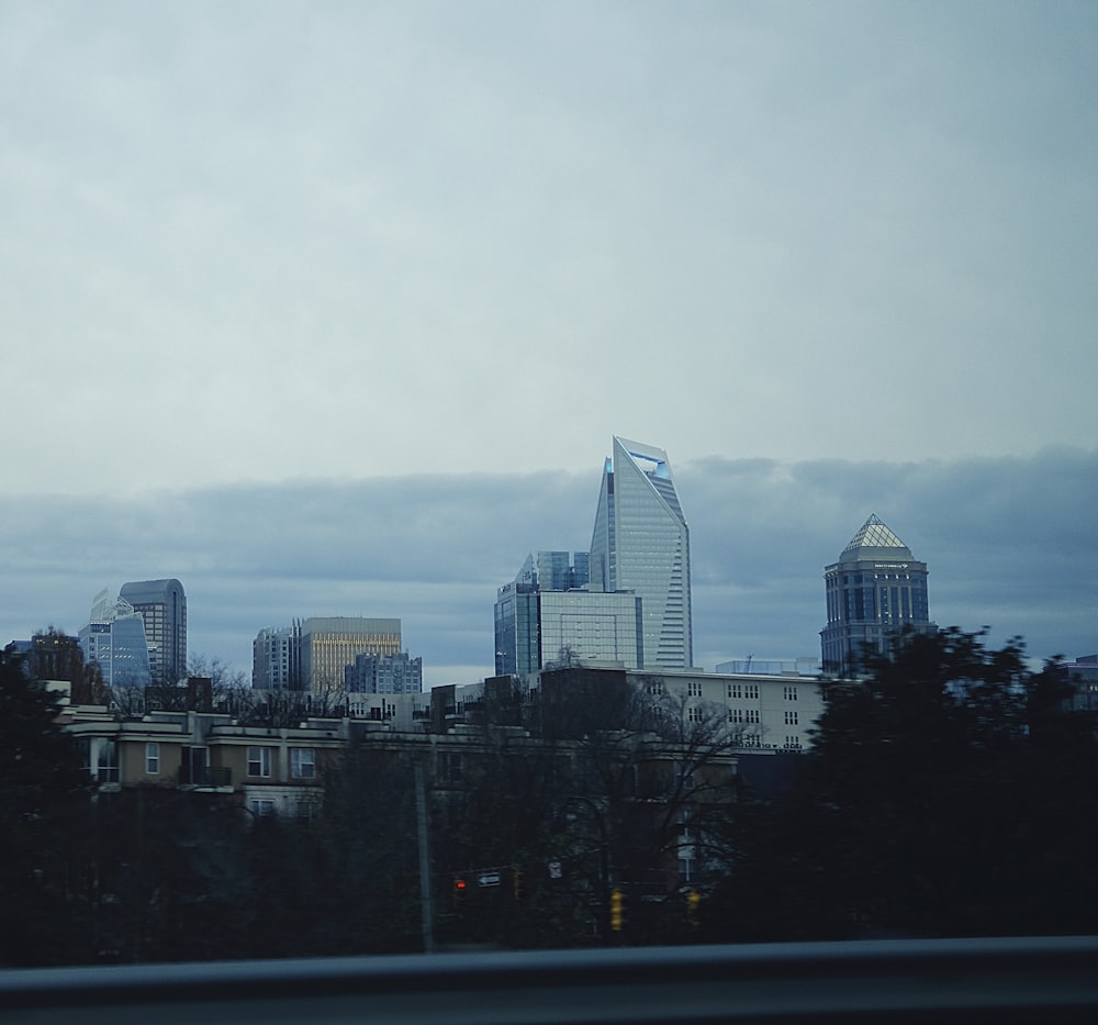 a view of a city from a moving vehicle
