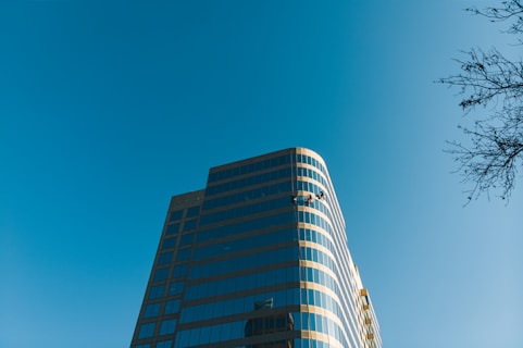 A tall, modern glass building with a curved facade stands against a clear blue sky. Two window cleaners on suspended platforms are visible midway up the building. The sunlight reflects off the windows, creating a bright and clean appearance. A bare tree branch is visible in the top right corner.