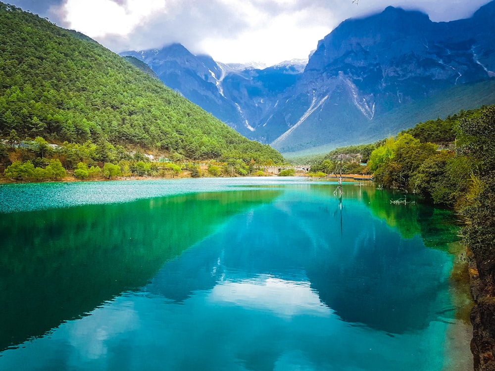 a body of water surrounded by mountains and trees