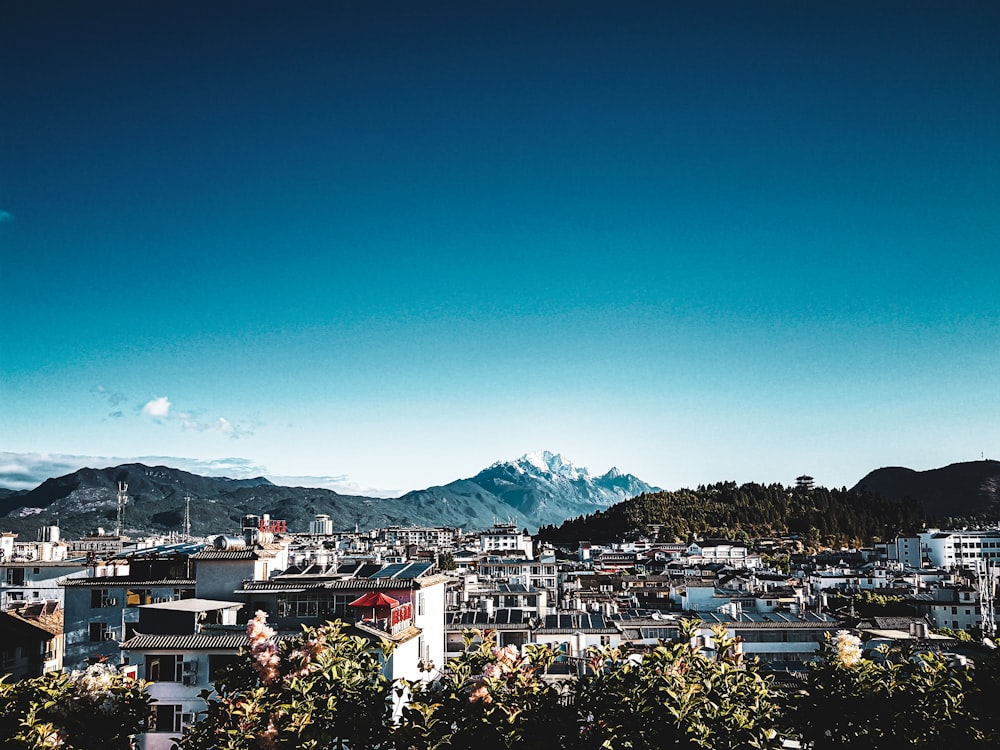 a view of a city with mountains in the background